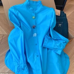 Blue Floral Button Ruffle Shirt